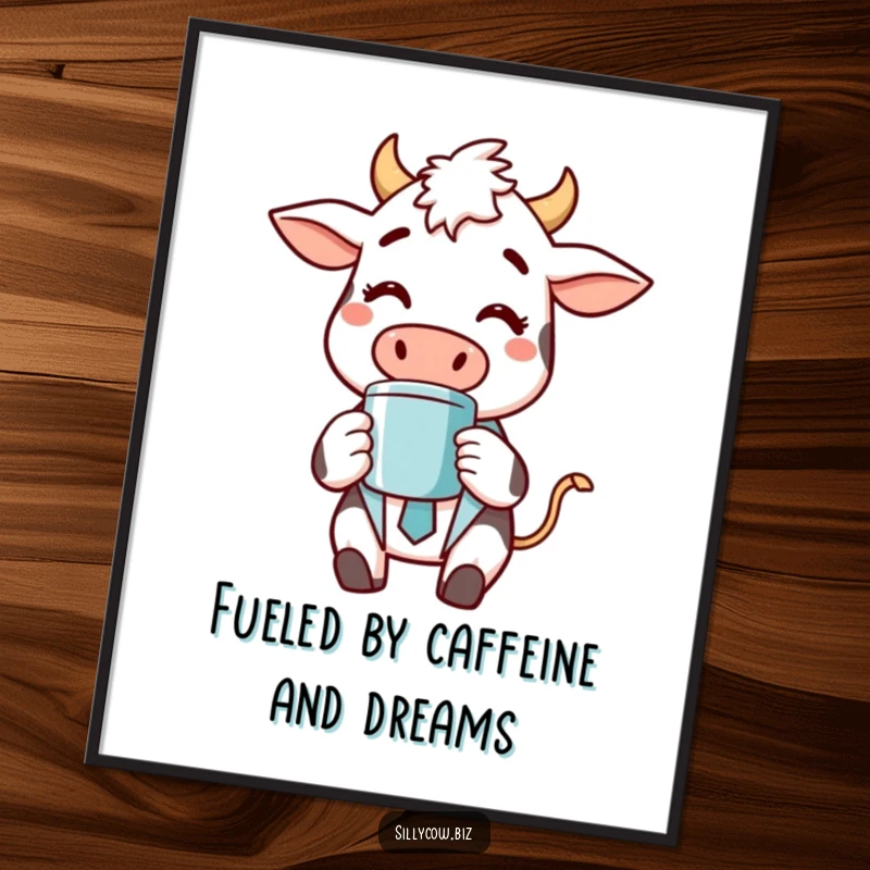 Funny Free Printable Wall Art: Cheerful cow in a business suit sipping coffee from a mug, office humor.