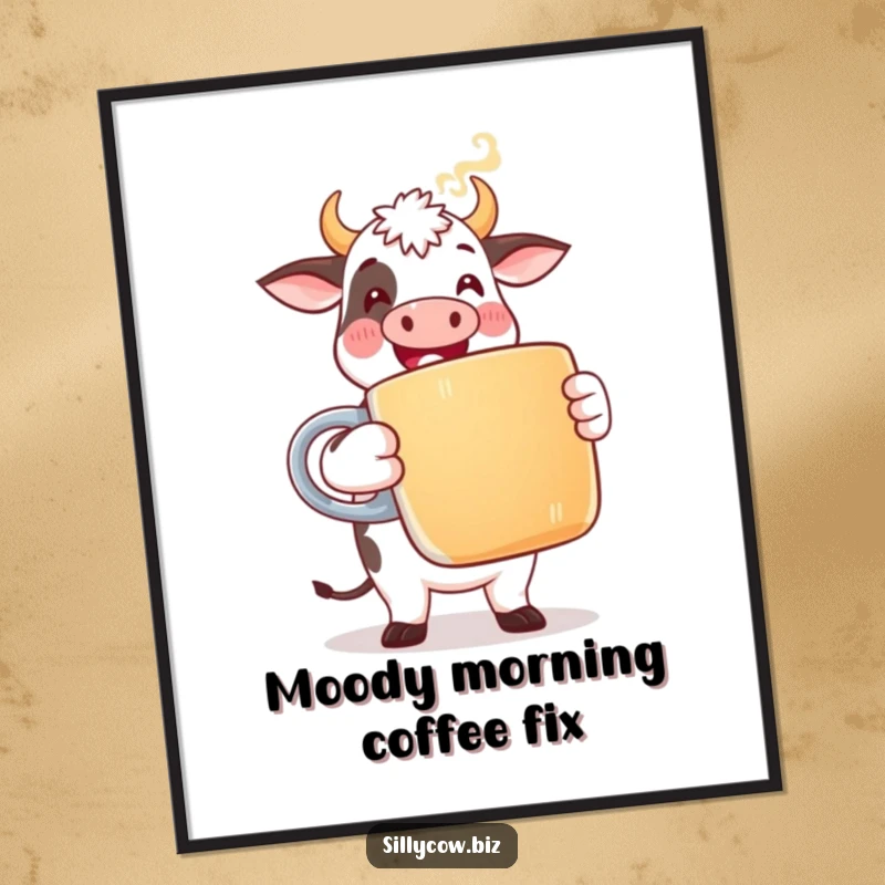 Funny Free Printable Cow Wall Art: Happy cow in office attire holding a giant coffee mug, steam rising.