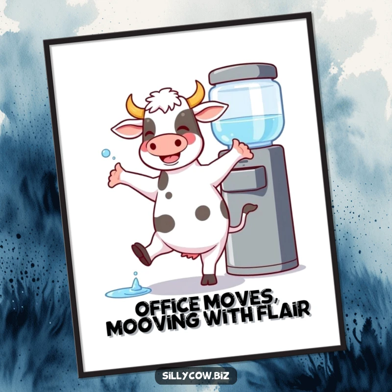 Funny Free Printable Wall Art of a cow joyfully dancing by a water cooler, spilling a little.