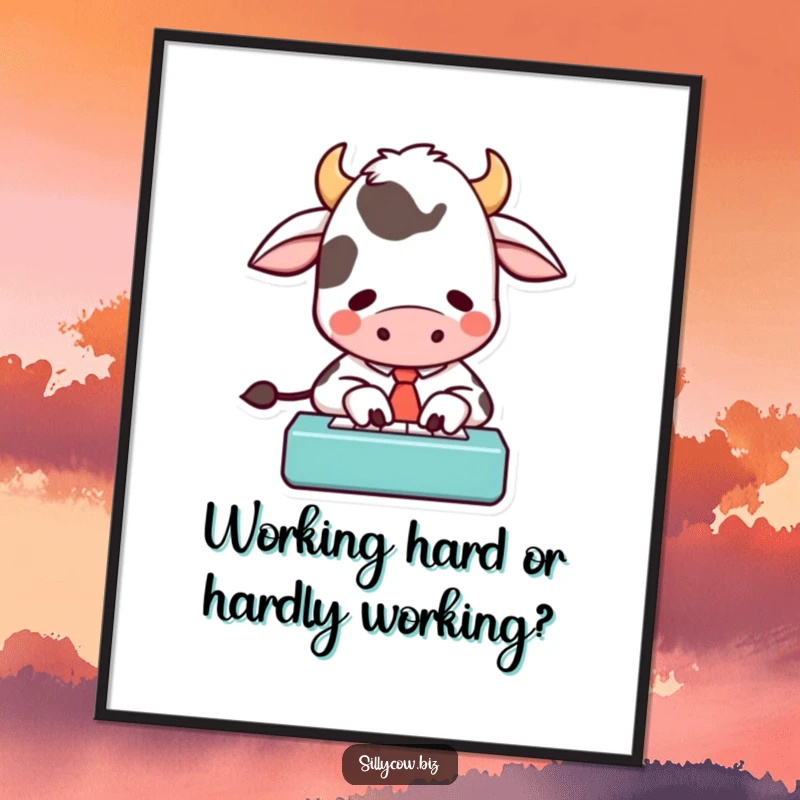 Funny Free Printable Wall Art: Cow wearing a tie enthusiastically typing on a tiny keyboard, office humor.
