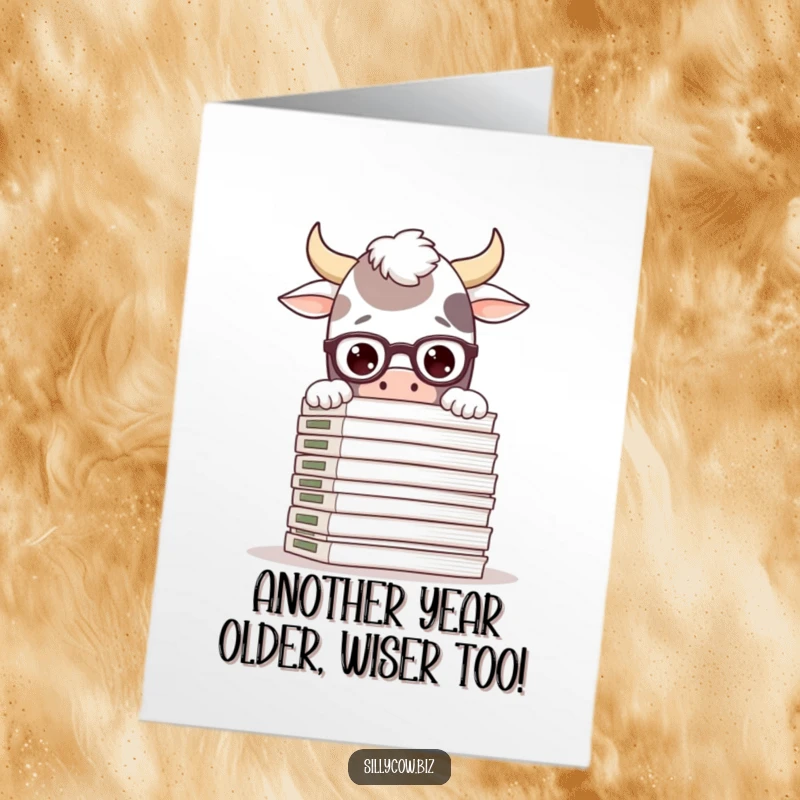 Funny Free Printable Birthday Card: Silly cow with glasses peeking over huge file stack, humorous birthday.