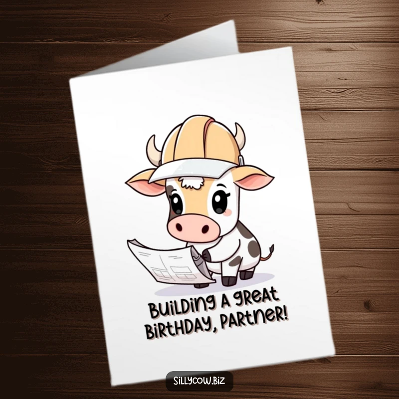 Funny Free Printable Birthday Card: A cow wearing a hard hat curiously examines blueprints.