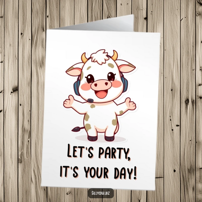 Funny Free Printable Birthday Card: Happy cow with headset gesturing wildly while talking, birthday humor.