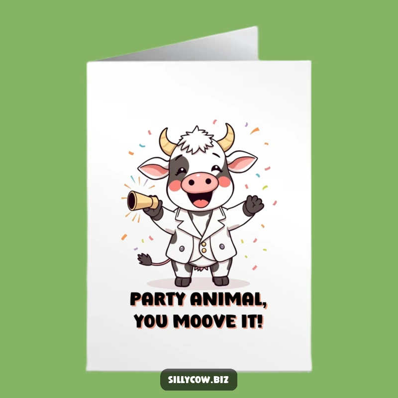 Free Printable Birthday Card: Funny Cow in Blazer, Confetti Cannon Fun, Downloadable Gift