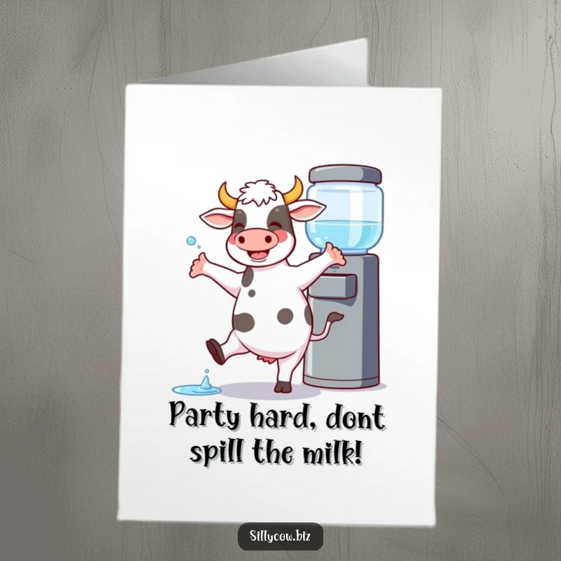 Funny Free Printable Birthday Card: A cow joyfully dancing by a water cooler, spilling a little.