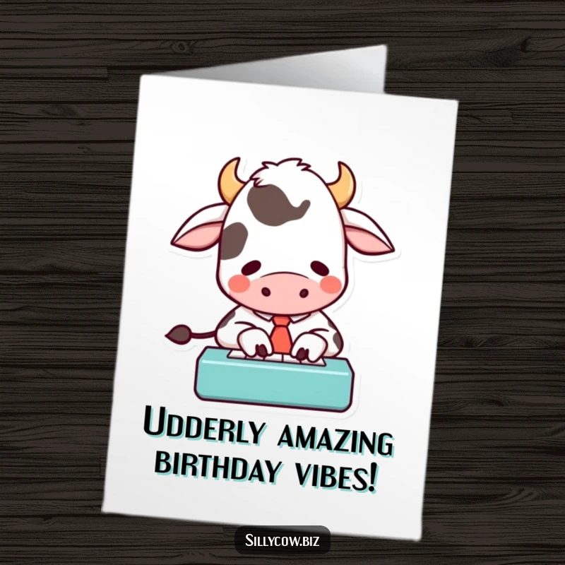 Funny Free Printable Birthday Card: Cow in tie frantically typing on mini keyboard, delivering a hilarious DIY greeting.