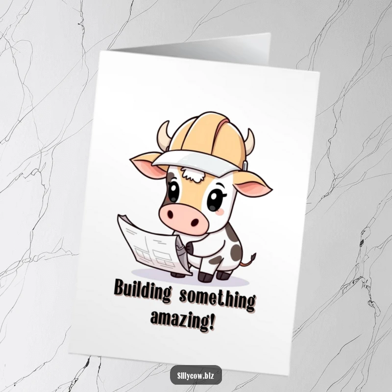 Funny Free Printable Congratulations Card: A cow in a hard hat studies blueprints.