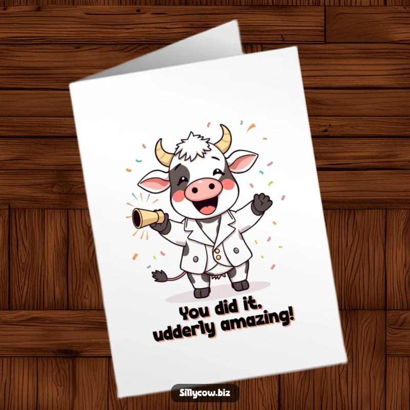 Funny Free Printable Congrats Card: A joyous cow in a sharp blazer launches a confetti cannon, celebrating success with pure glee.