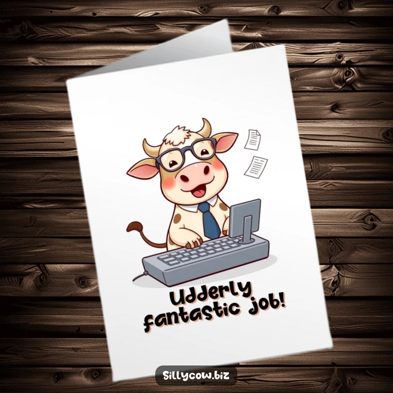 Funny Free Printable Cow Card: Cute cow in tie and glasses typing on oversized keyboard.
