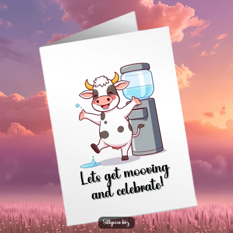 Funny Free Printable Congratulations Card: A cow joyfully dancing by a water cooler, spilling a little.