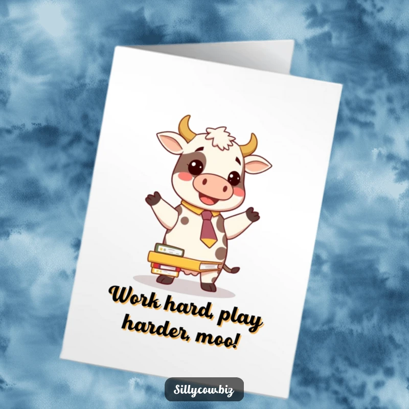 Funny Free Printable Congrats Card: A cow wearing a silly tie comically juggles a precarious stack of papers, celebrating a win.