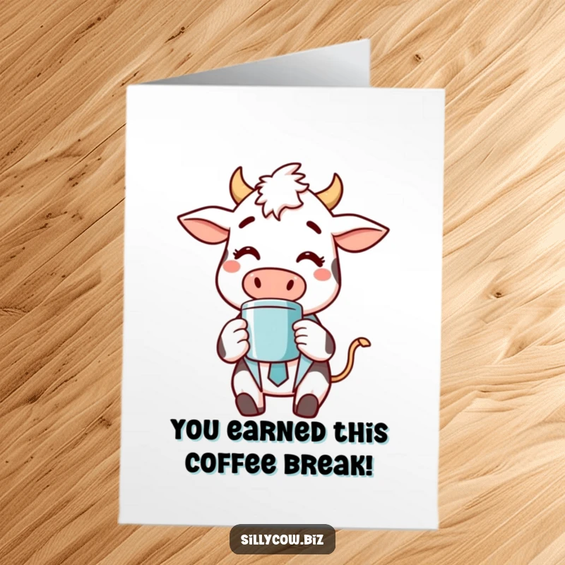 Funny Free Printable Congratulations Card: Cow in suit happily sipping coffee, a cheerful office celebration.