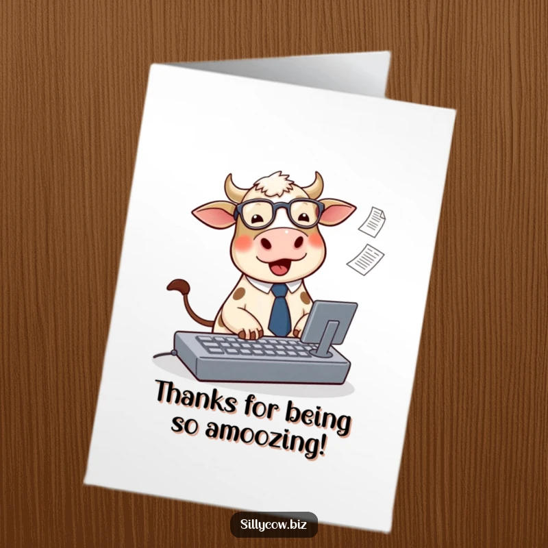 Funny Free Printable Cow Card: Cute cow in tie and glasses typing, papers flying.