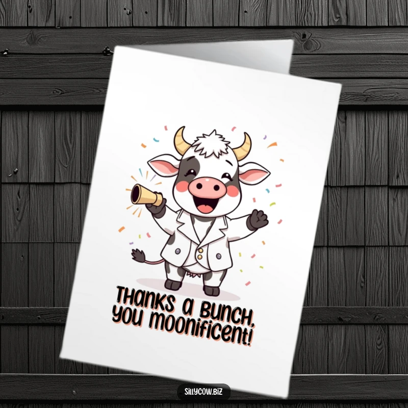 Funny Free Printable Thank You Card: A dapper cow in a blazer fires a confetti cannon, showering thanks with cheerful celebration.