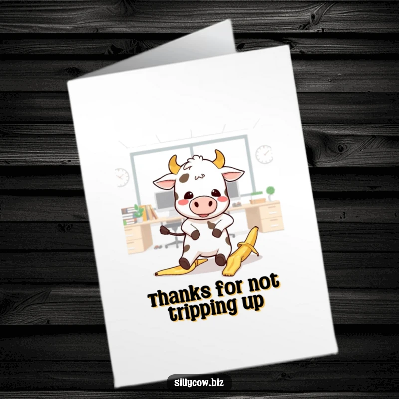 Funny Free Printable Thank You Card: A kawaii cow comically slips on a banana peel in an office.