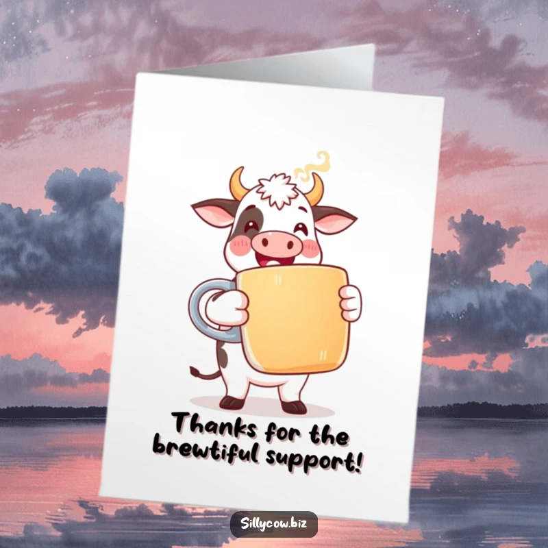 Funny Free Printable Cow Card: Happy cow in suit holding a giant coffee mug, steam rising.