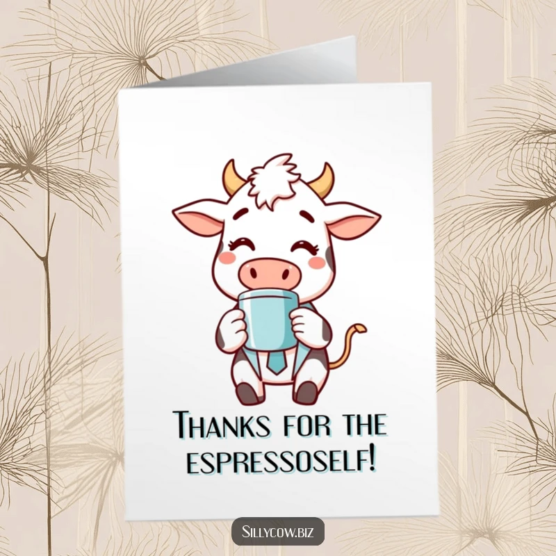 Funny Free Printable Thank You Card: Cheerful cow in a suit enjoying coffee, a humorous thank you.