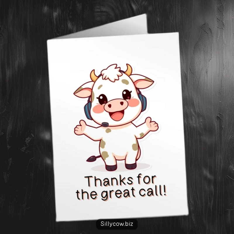 Funny Free Printable Thank You Card: Happy cow with headset talking and gesturing, expressing thanks.