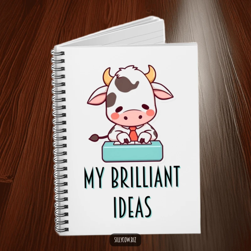 Funny notebook with a cartoon cow in a tie, enthusiastically typing on a tiny keyboard, ideal for capturing notes with humor.