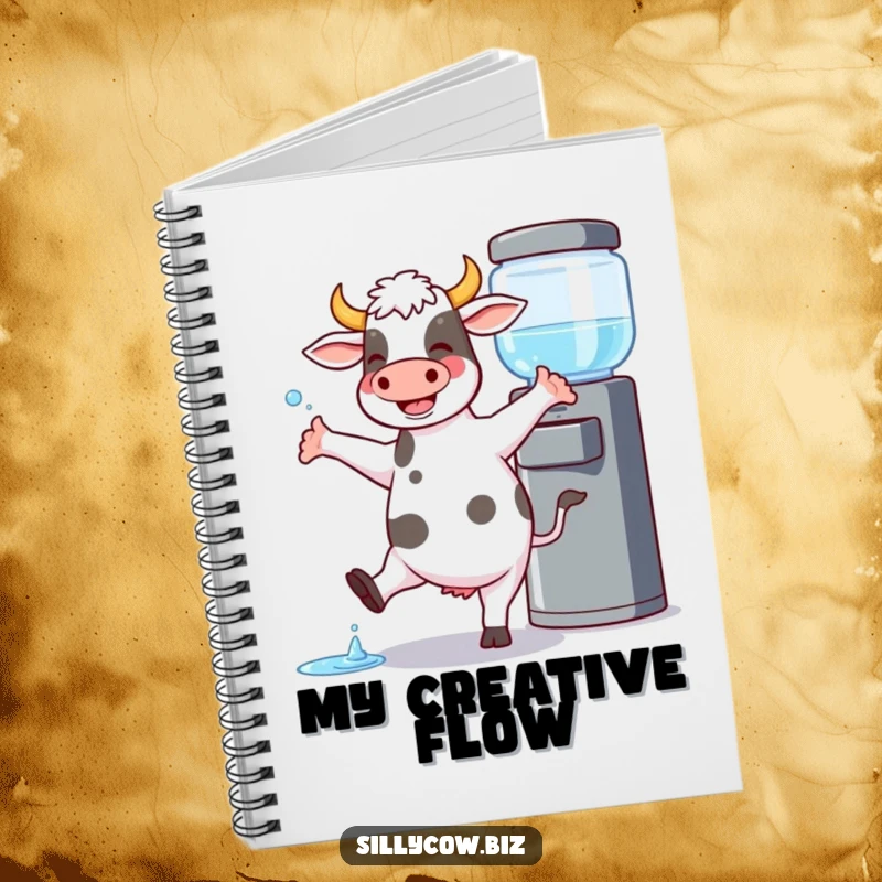Funny Cow Notebook: Cow joyfully dances by a water cooler, spilling a little, perfect for journaling.
