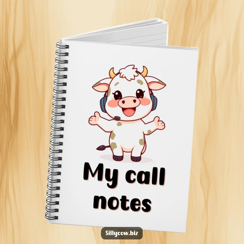 Funny notebook featuring a happy cow wearing a headset, gesturing enthusiastically while talking, perfect for jotting down ideas with humor.