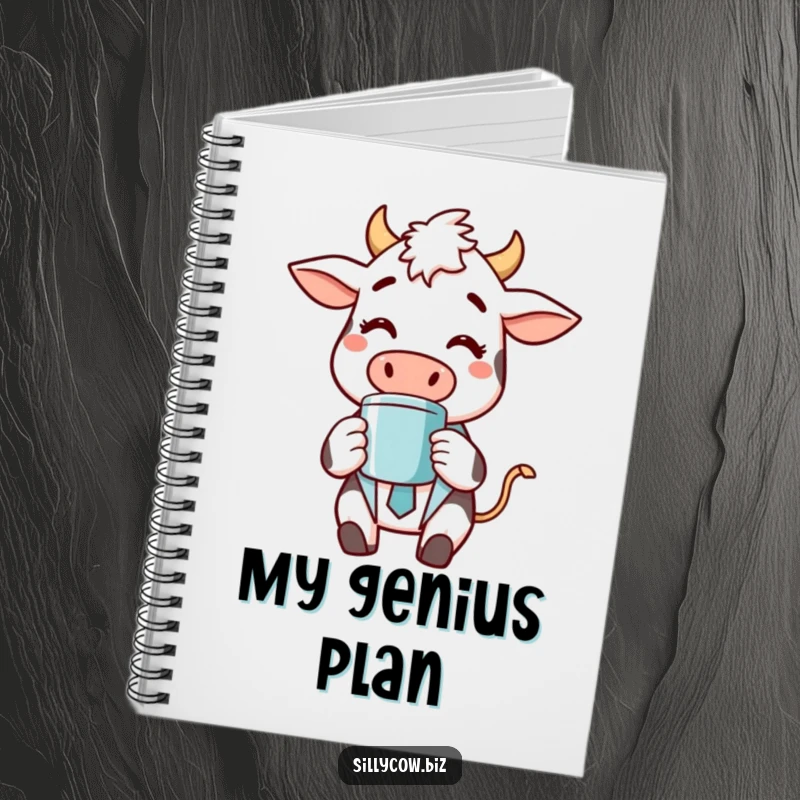 Funny notebook featuring a cheerful cow in a business suit, happily sipping coffee, perfect for jotting down ideas with humor.