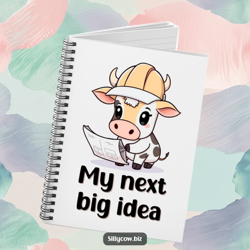 Funny Cow Notebook: Cow wearing a hard hat looks curiously at blueprints, perfect for jotting plans.