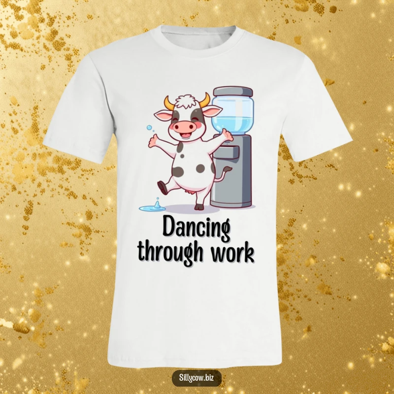 Funny Cow T-Shirt: Cow joyfully dances by a water cooler, spilling a little, perfect celebratory wear.