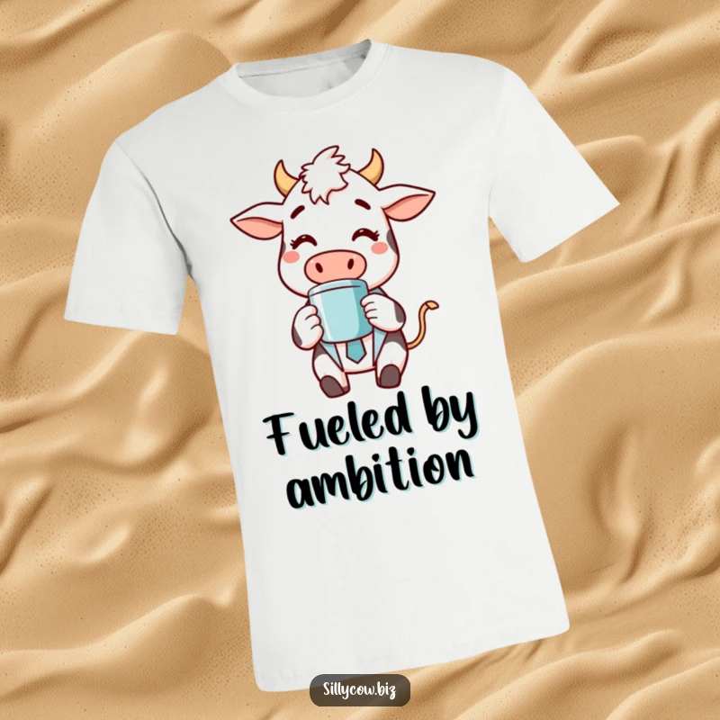 Funny t-shirt with a cheerful cow character dressed in a business suit, enjoying a cup of coffee, a humorous gift for professionals.