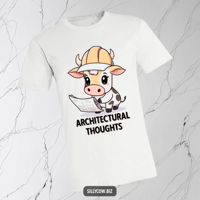 Funny Cow T-Shirt: Cow wearing a hard hat looks curiously at blueprints, ideal for builders.