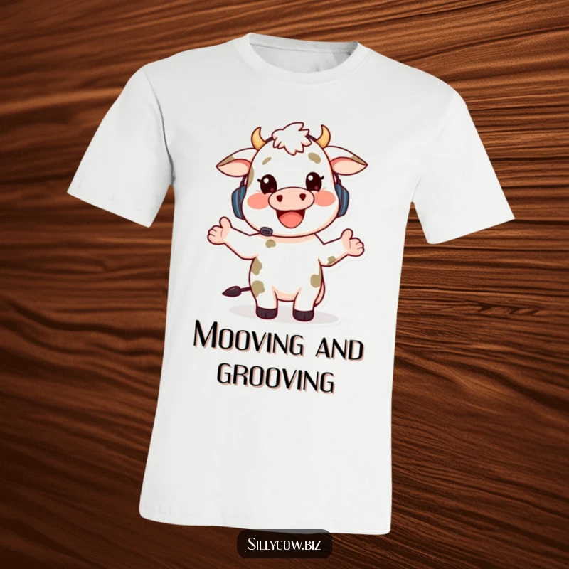 Funny t-shirt with a happy cow wearing a headset, enthusiastically gesturing while talking, ideal for tech support and conversation lovers.