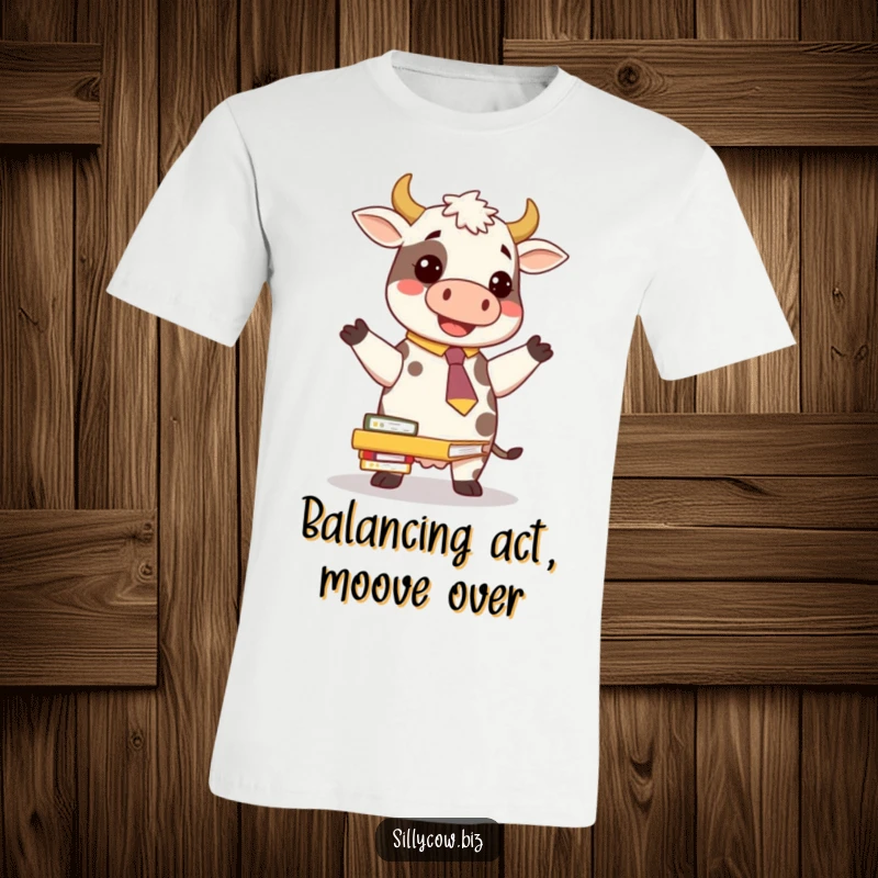 Funny Cow T-Shirt: A comical cow wearing a novelty tie, precariously balancing a stack of folders, embodying office stress humor.