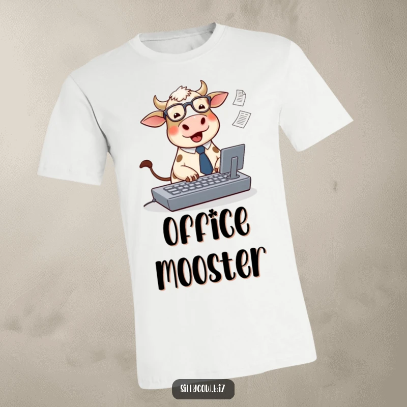 Funny Cow T-Shirt: A cute, round cow wearing glasses and a tie types enthusiastically on an oversized keyboard with papers flying.