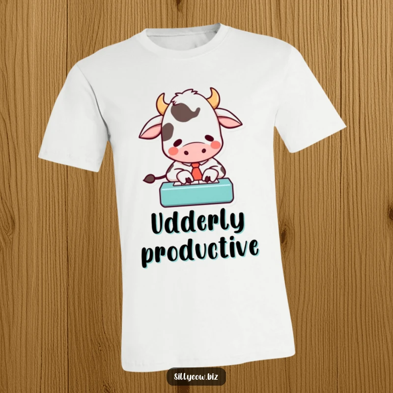 Funny t-shirt with a cartoon cow wearing a tie, hilariously typing on a small keyboard with great enthusiasm, a unique gift.