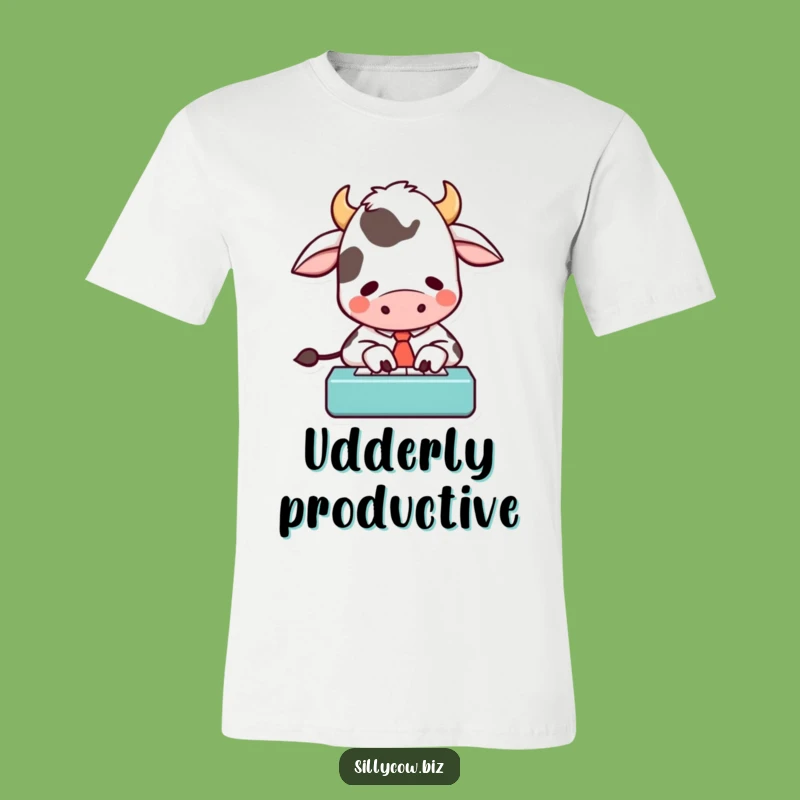 Funny Cow Typing T-Shirt: Hilarious Cartoon Cow in Tie, Perfect Gift for Techies