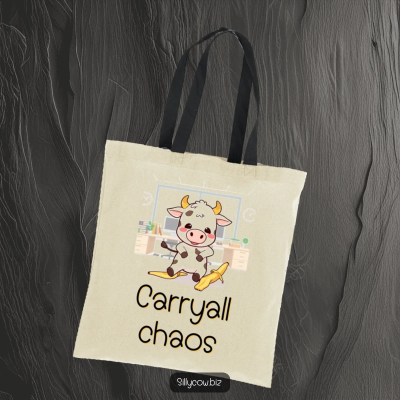 Funny Cow Tote Bag: Kawaii cow comically slips on a banana peel in an office, great for work essentials.
