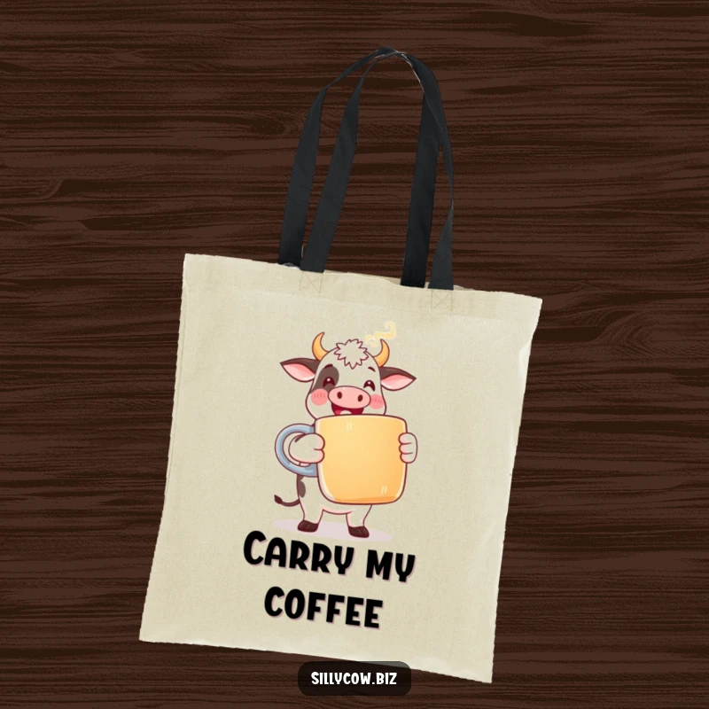 Funny Cow Tote Bag: A happy cow in office attire holds a giant coffee mug with steam, perfect for carrying essentials with humor.