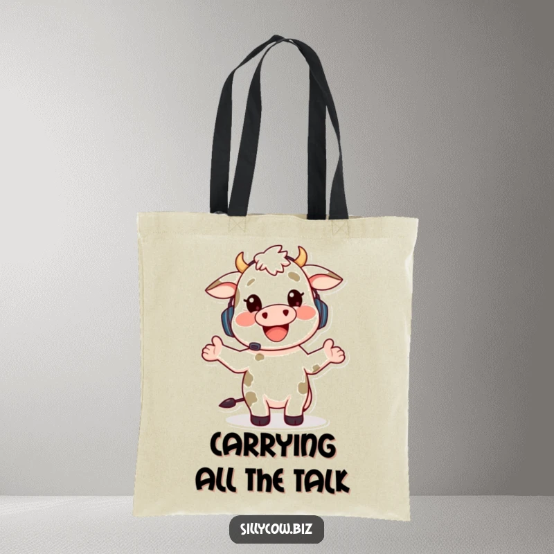Funny tote bag with a happy cow wearing a headset, enthusiastically gesturing while talking, a humorous and practical accessory.