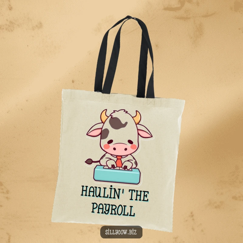 Funny tote bag depicting a cartoon cow in a tie, typing energetically on a small keyboard, a humorous and practical accessory.